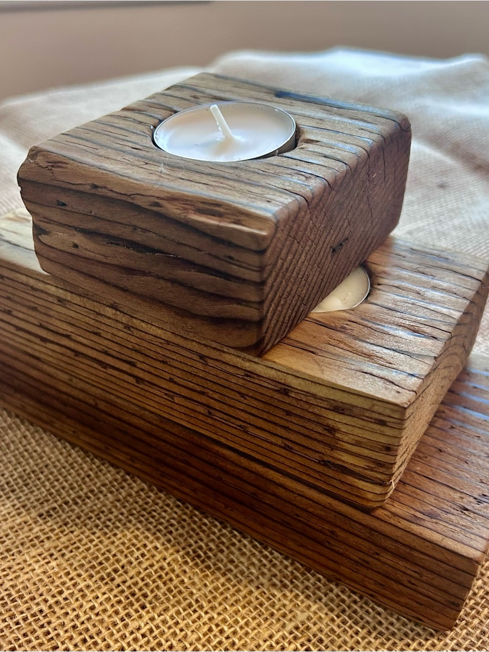 Rustic Wooden Tea Light Candle Holder Set - Brown - Picture 8 of 9